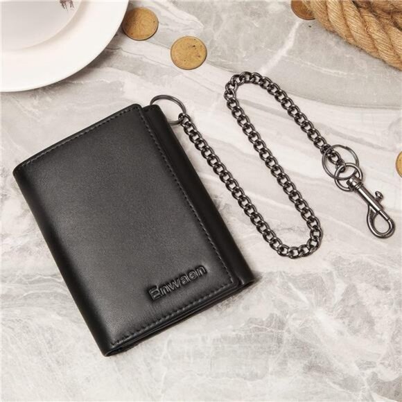 Mens Wallet with Chain, Genuine Leather Trifold Wallet RFID Blocking Anti-Theft - Picture 5 of 7